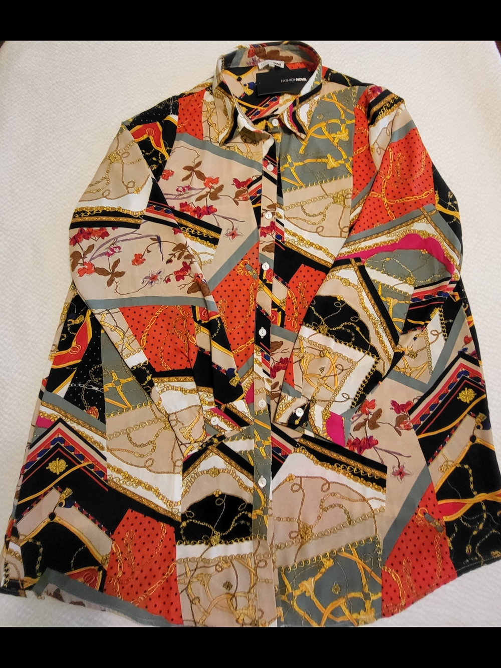 Vintage-Inspired Geometric Chain Print Button-Up Shirtdress/Blouse - Multicolor